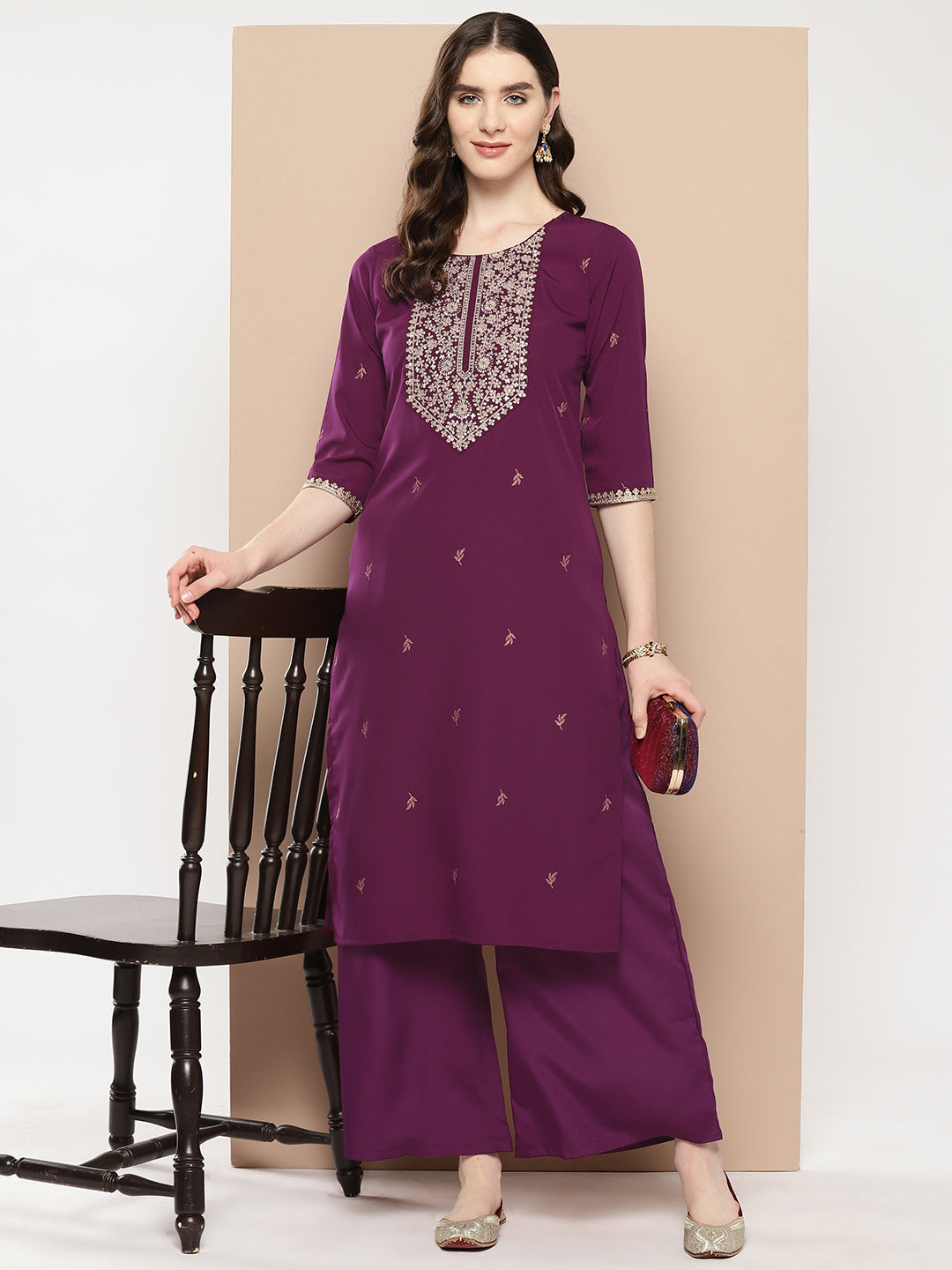 Burgundy Floral Yoke Design Kurta with Palazzos