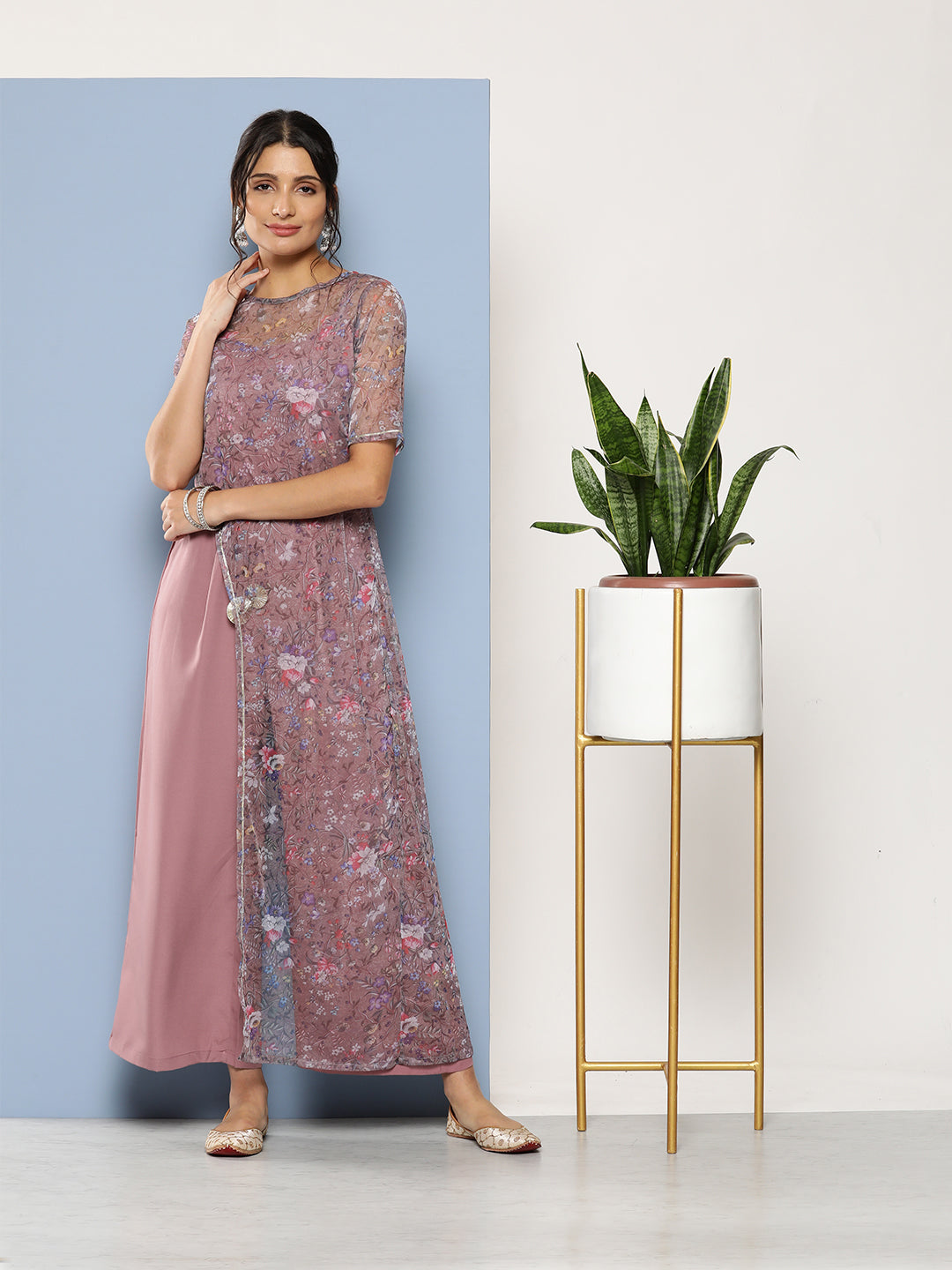 Mauve Floral Printed Waist Tie-Ups Jumpsuit