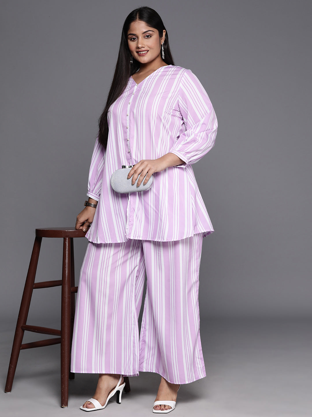 Lavender & White Plus Size Striped Tunic with Palazzos