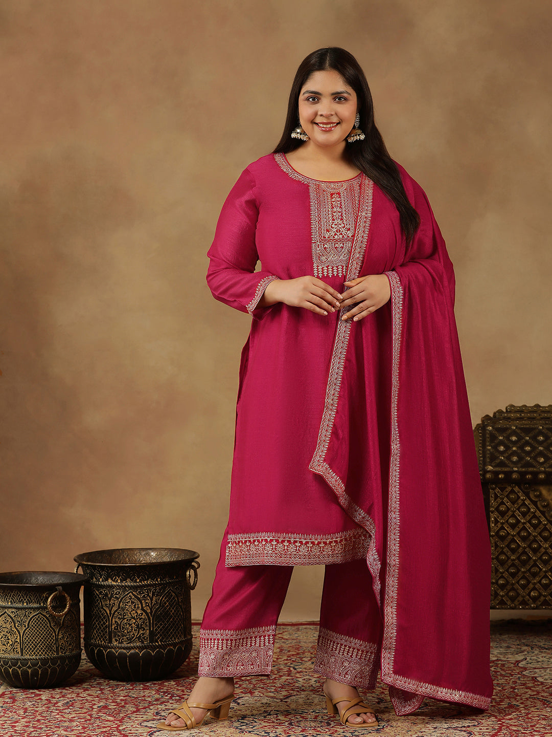 Plus Size Ethnic Motifs Embroidered Thread Work Kurta Trousers & With Dupatta - ID