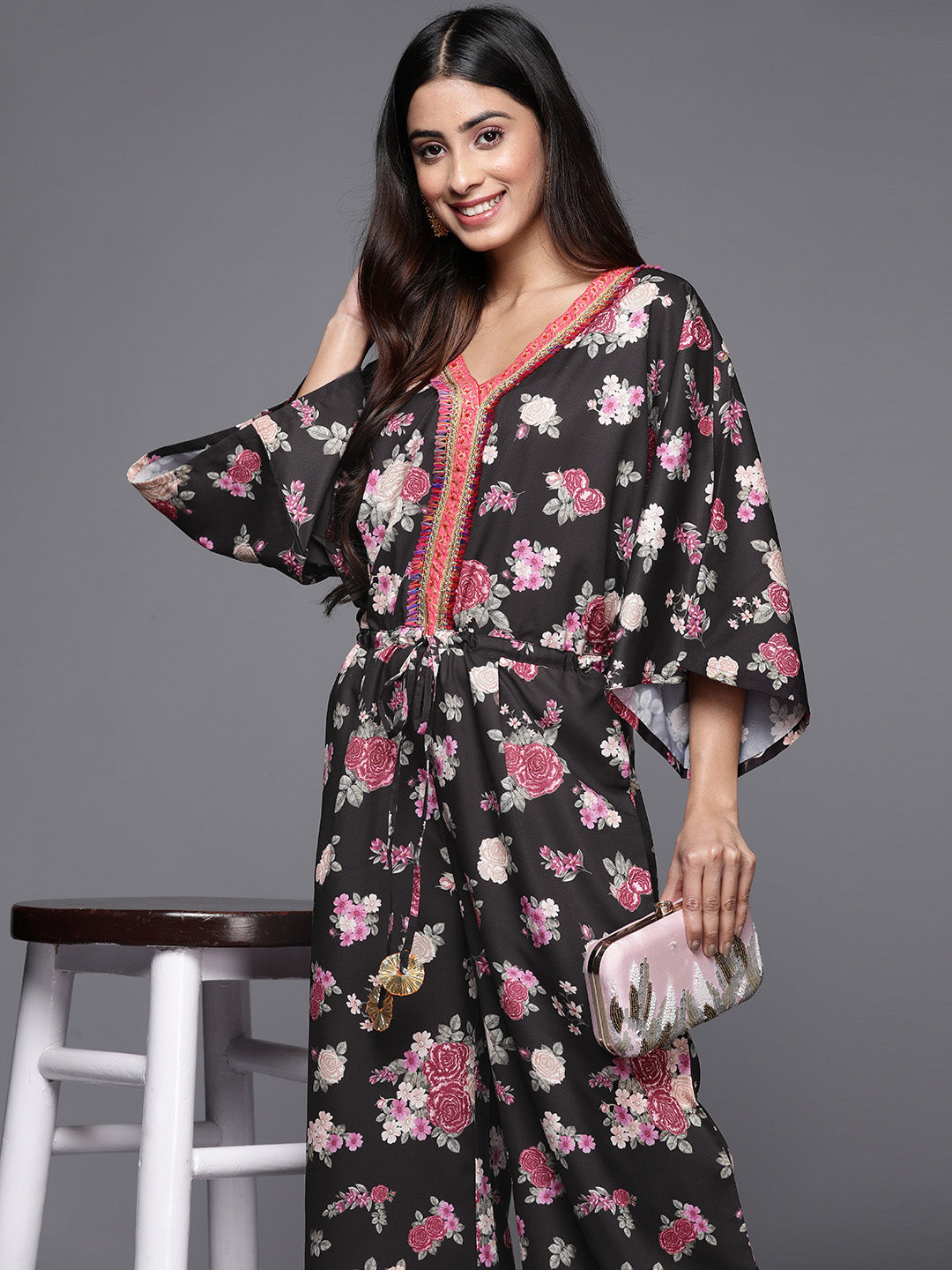 Black Floral Printed Jumpsuit With Lace Inserts