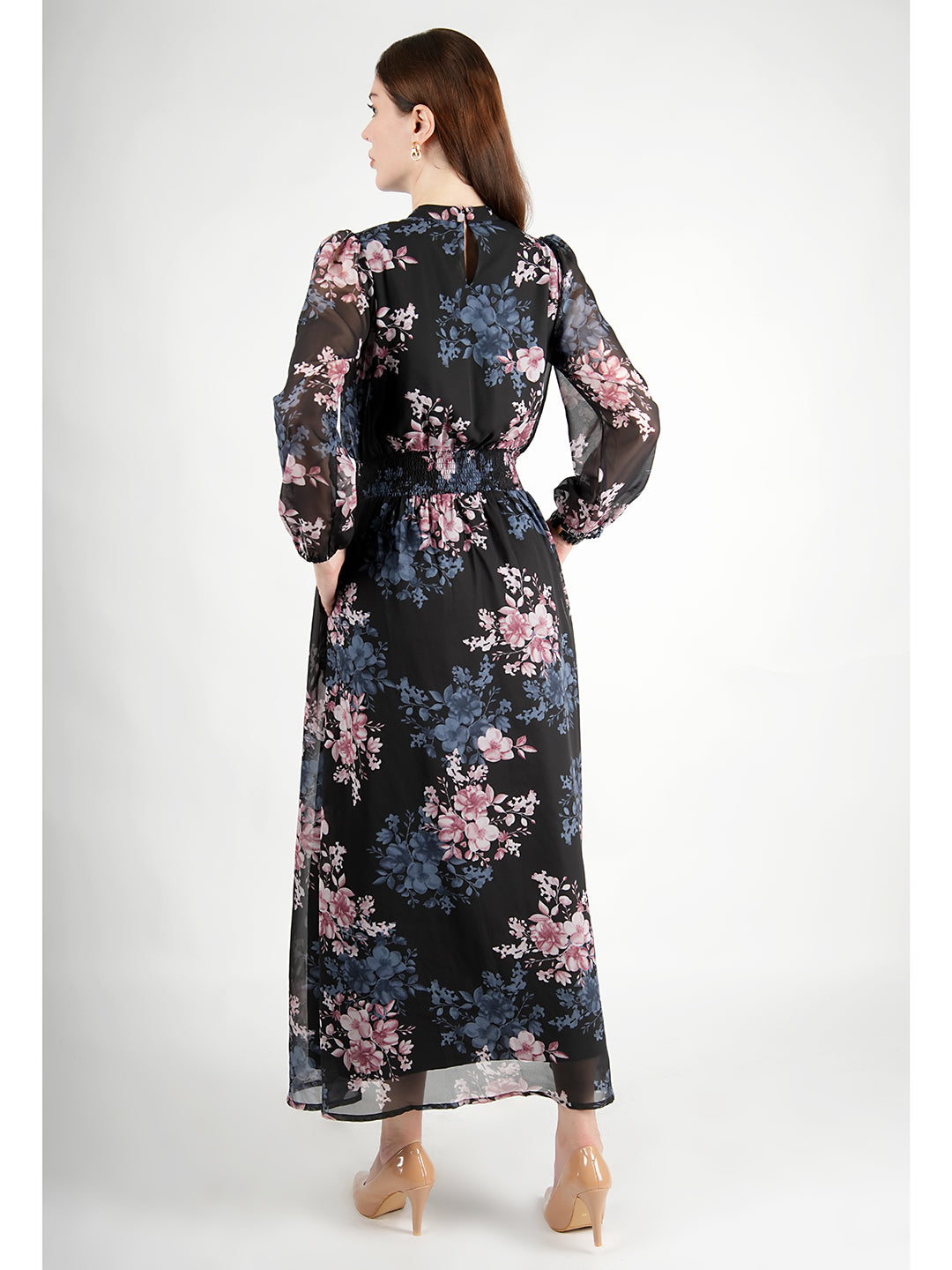 Exude Shimmer Black Floral Maxi Dress with Sleeves