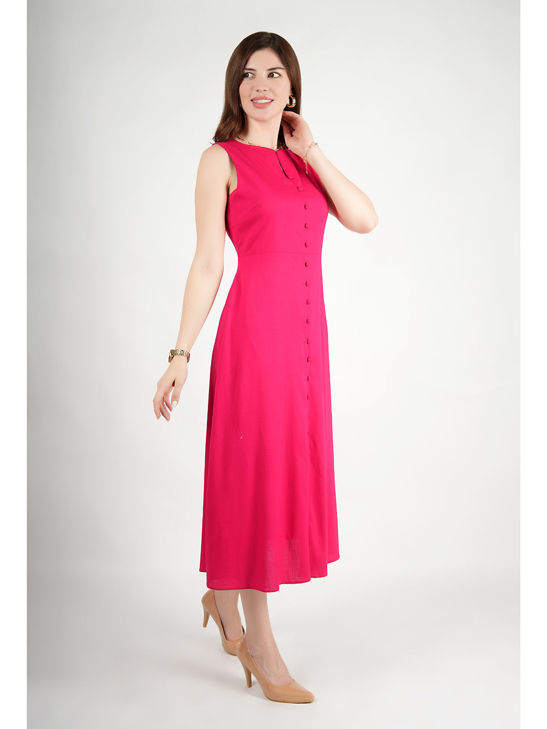 Exude Glowing Front Button Dress With Pockets