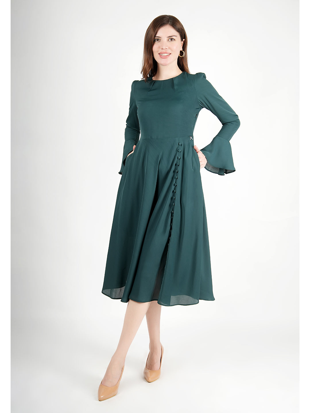 Exude Gleaming Fit & Flare Dress with Long Sleeves