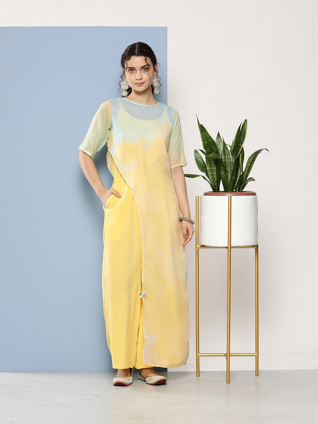 Yellow Printed Waist Tie-Ups Jumpsuit