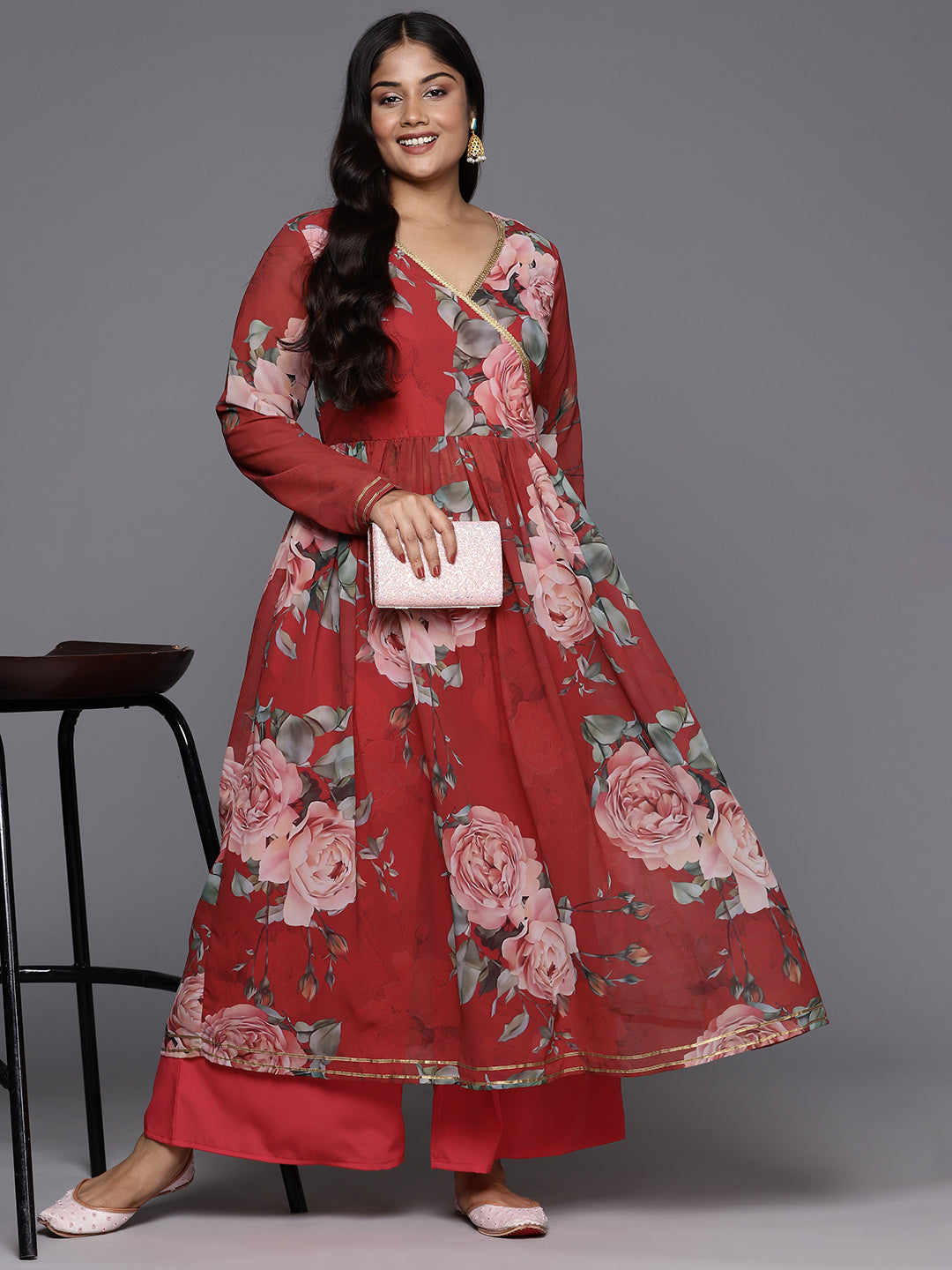 Red Floral Printed Plus Size Angrakha Kurta with Palazzos