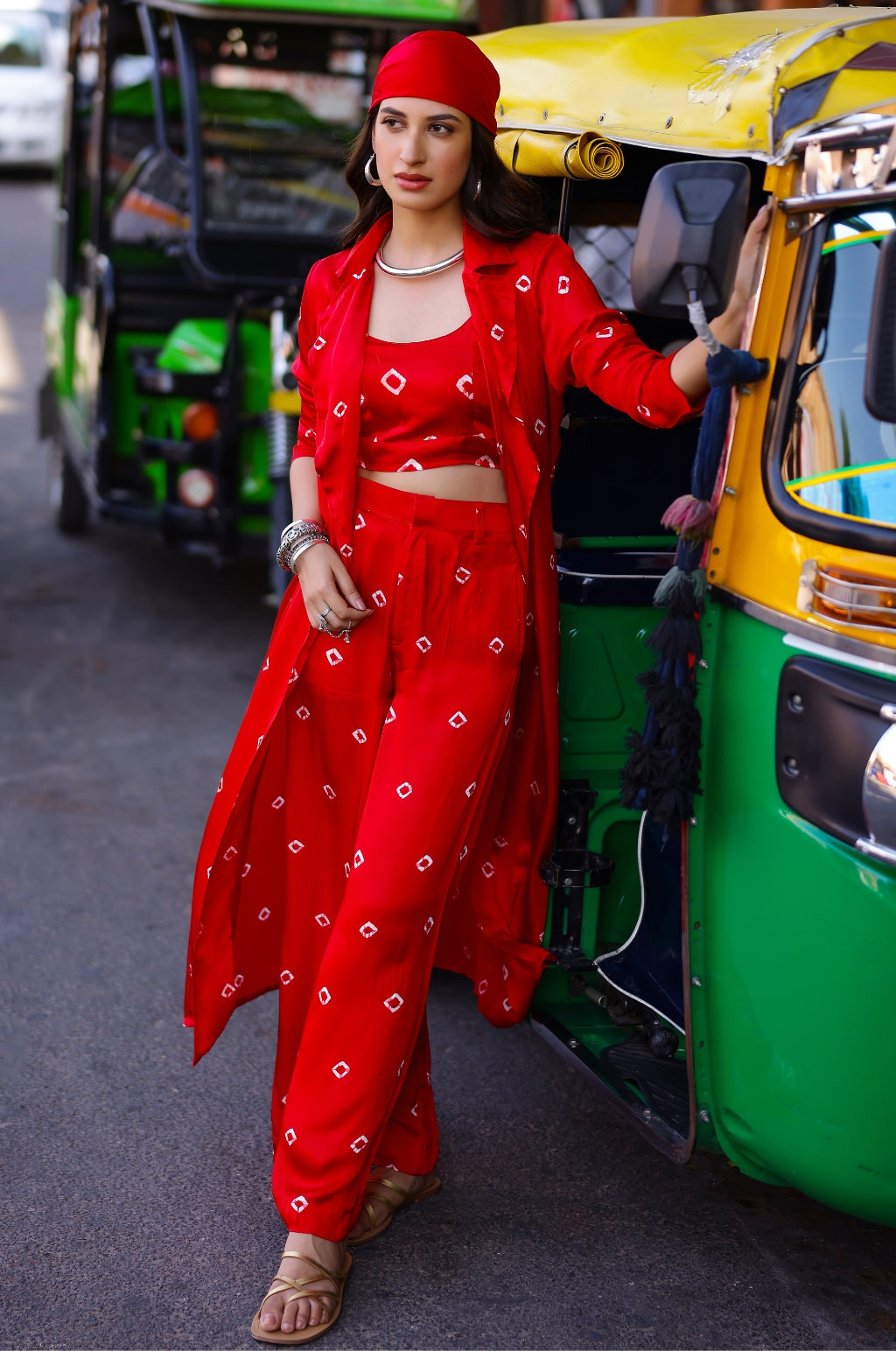 Green Bandhani Modal Satin Three Piece Set