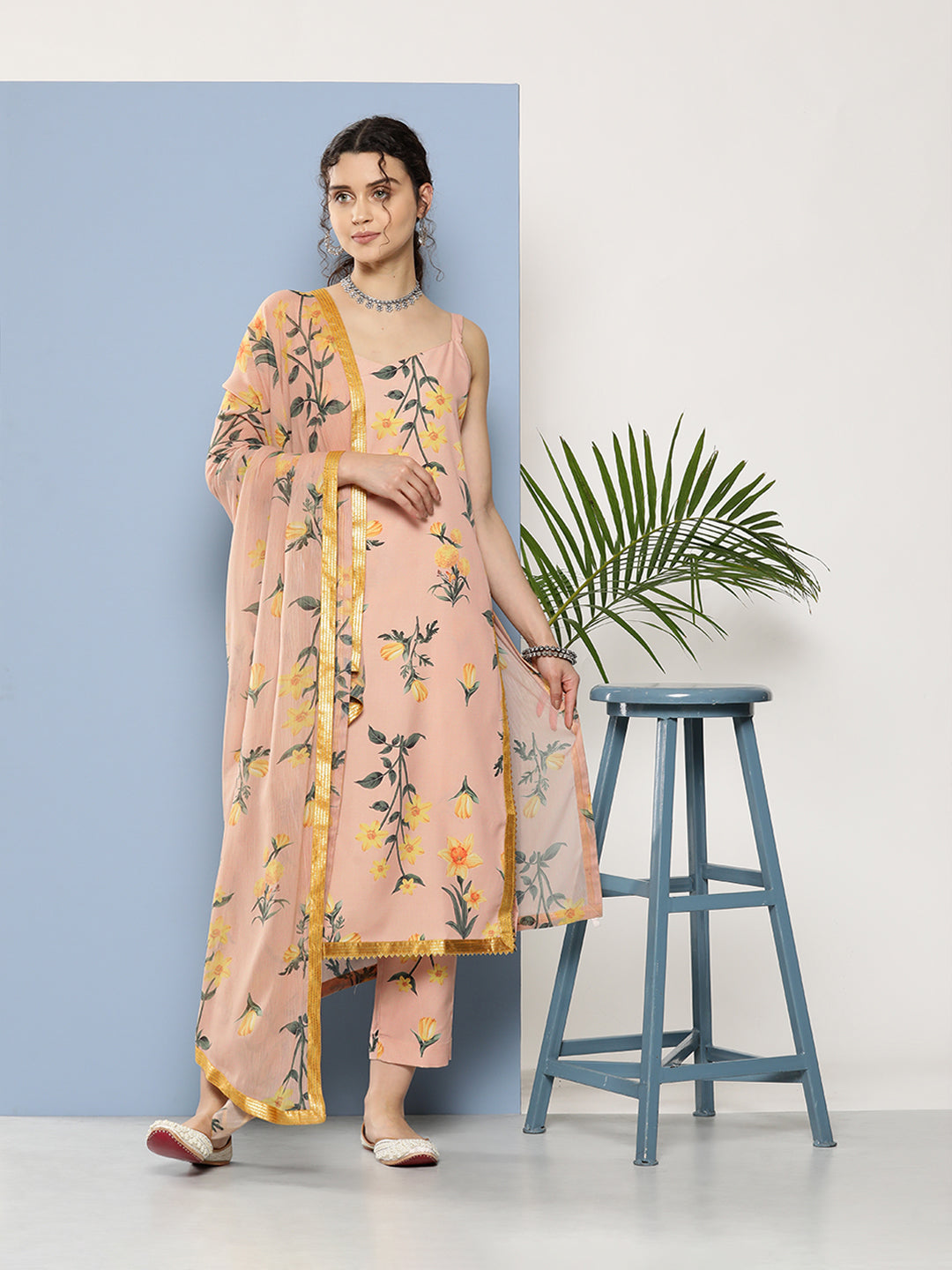 Nude-Coloured Floral Printed Gotta Patti Kurta with Trousers & With Dupatta