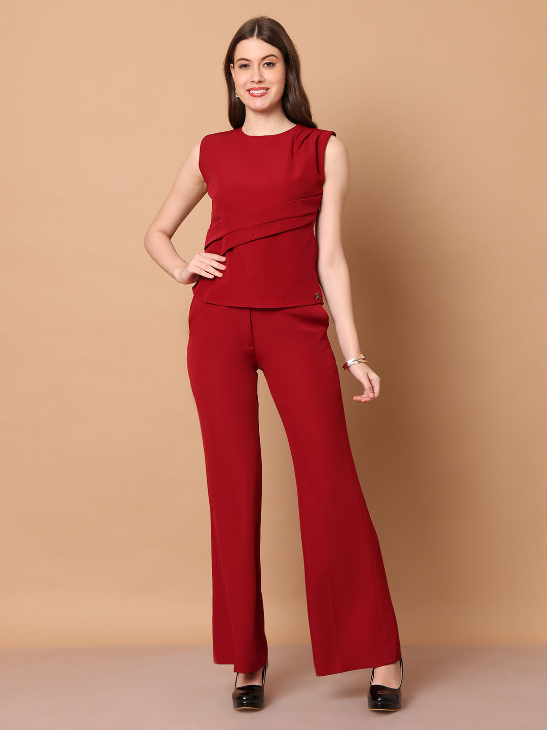 Exude Power in Motion Side and Shoulder Pleat Top Paired with Bootcut Trousers