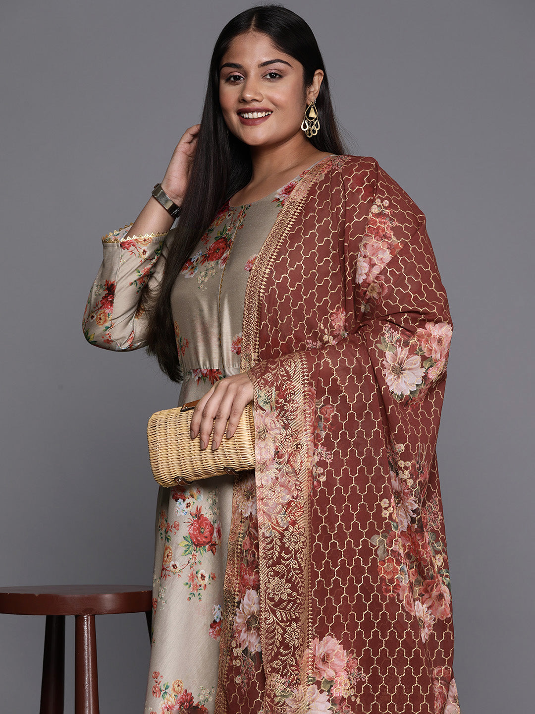 Brown & Grey Floral Printed Plus Size Maxi Ethnic Dress With Dupatta