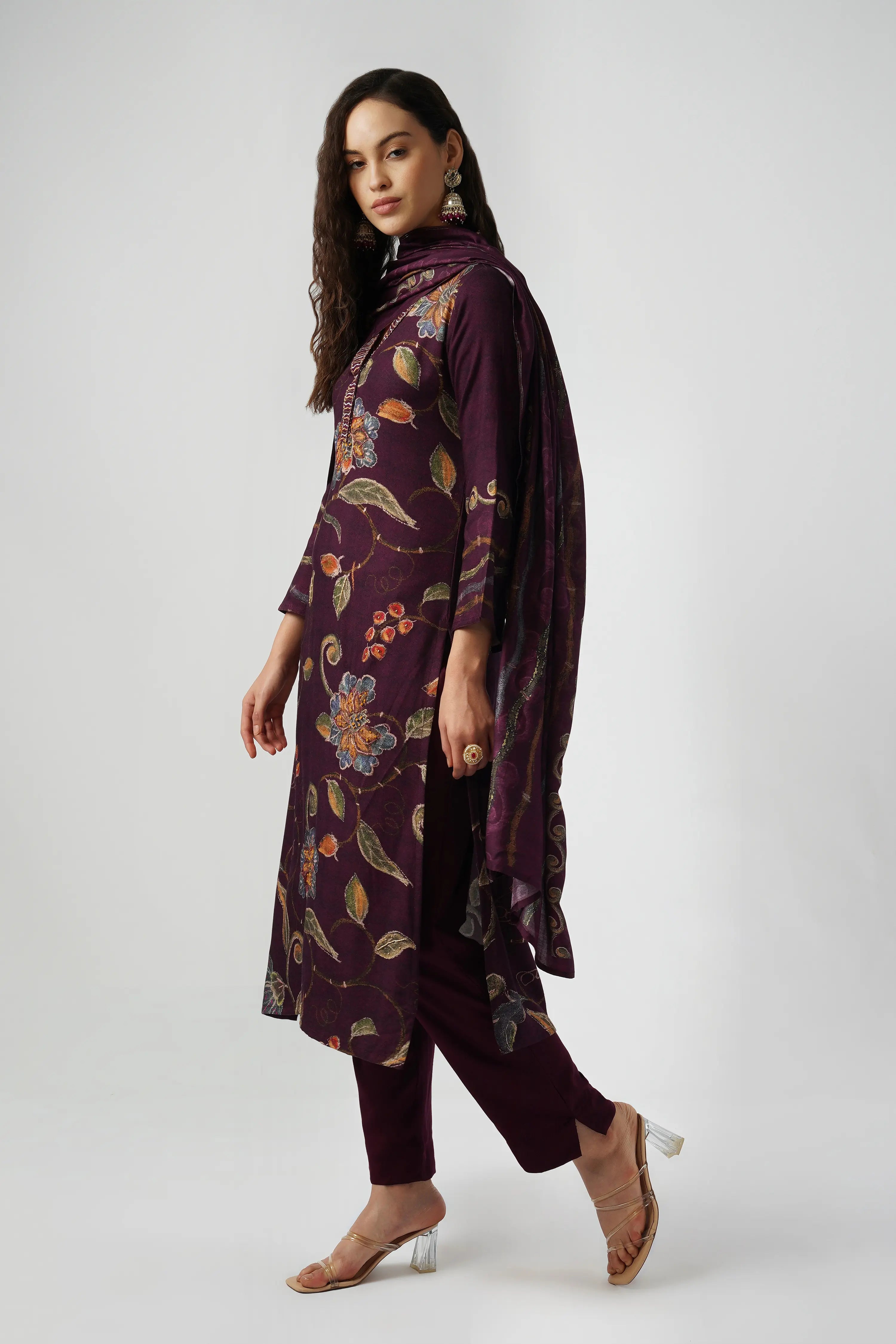 Deep Purple Pure Pashmina Wool Designer Kurta Set with Embroidery