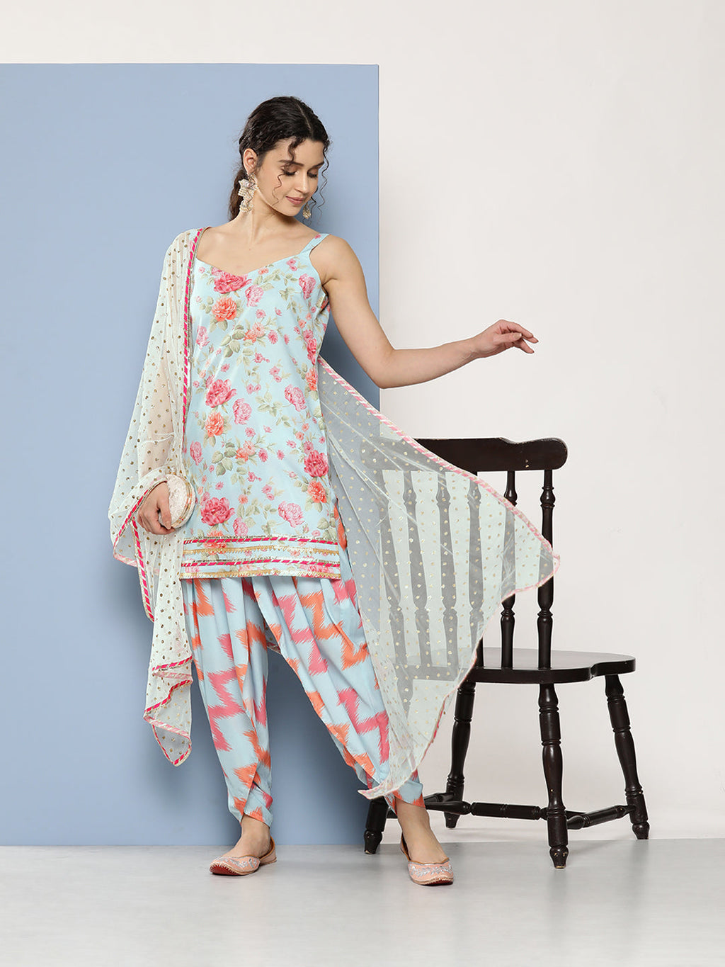 Blue Floral Printed Gotta Patti Kurti With Dhoti Pants & With Dupatta-AH