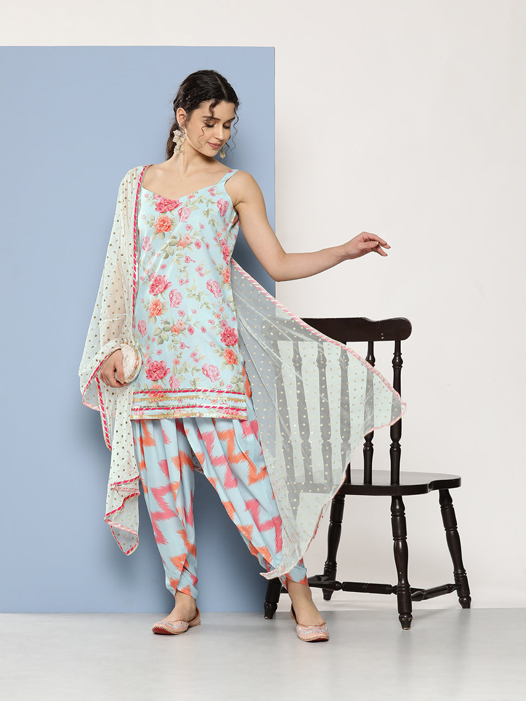 Blue Floral Printed Gotta Patti Kurti With Dhoti Pants & With Dupatta-AH