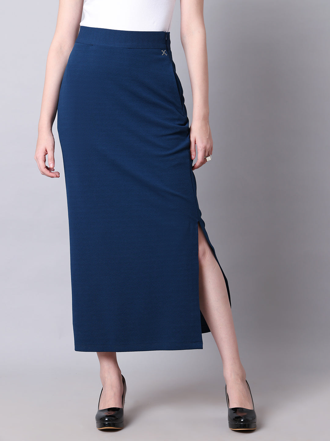 Exude Statement Piece Long Black Skirt with Side Slit Royal Blue