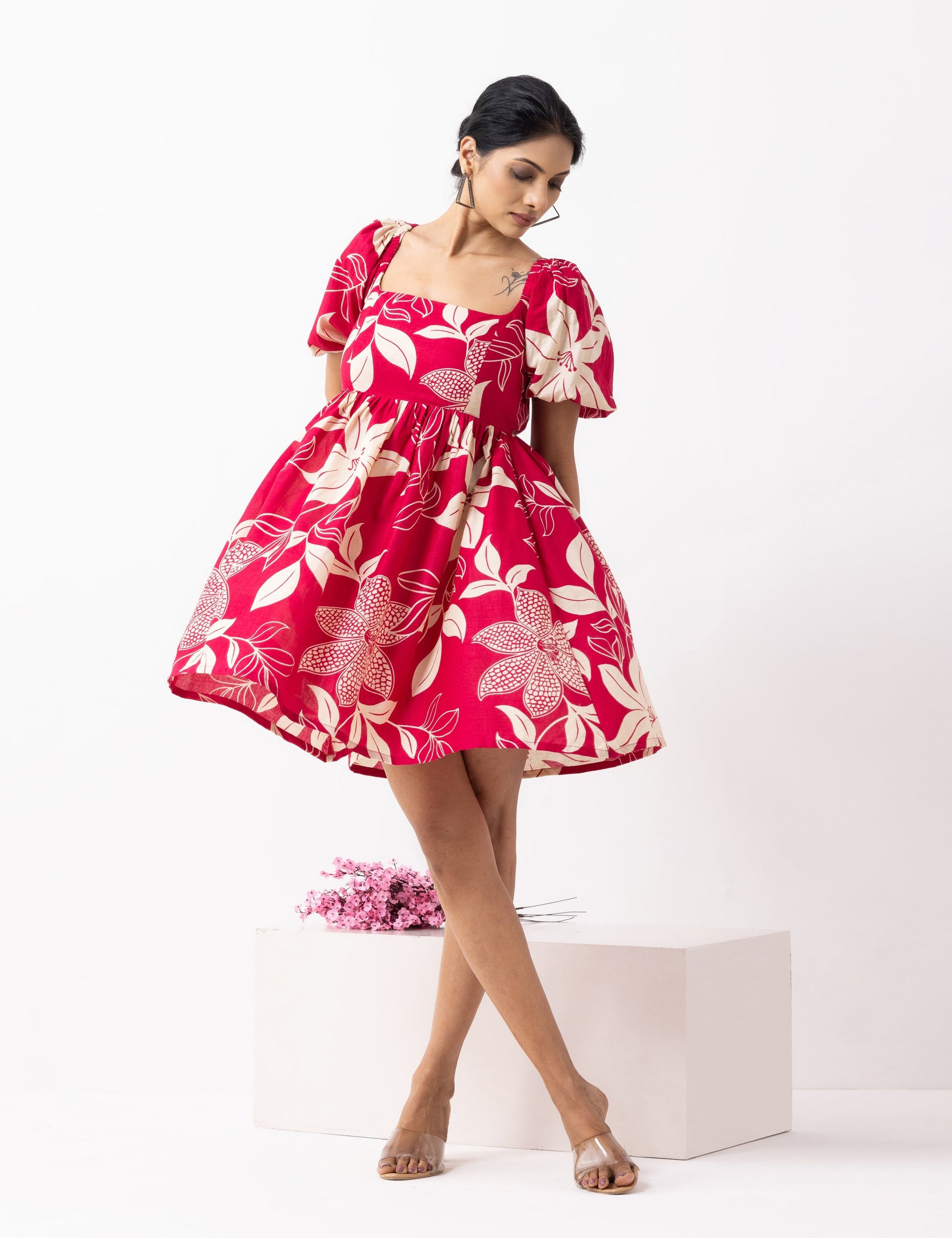 Crimson Red Block Printed Moana Dress- IC