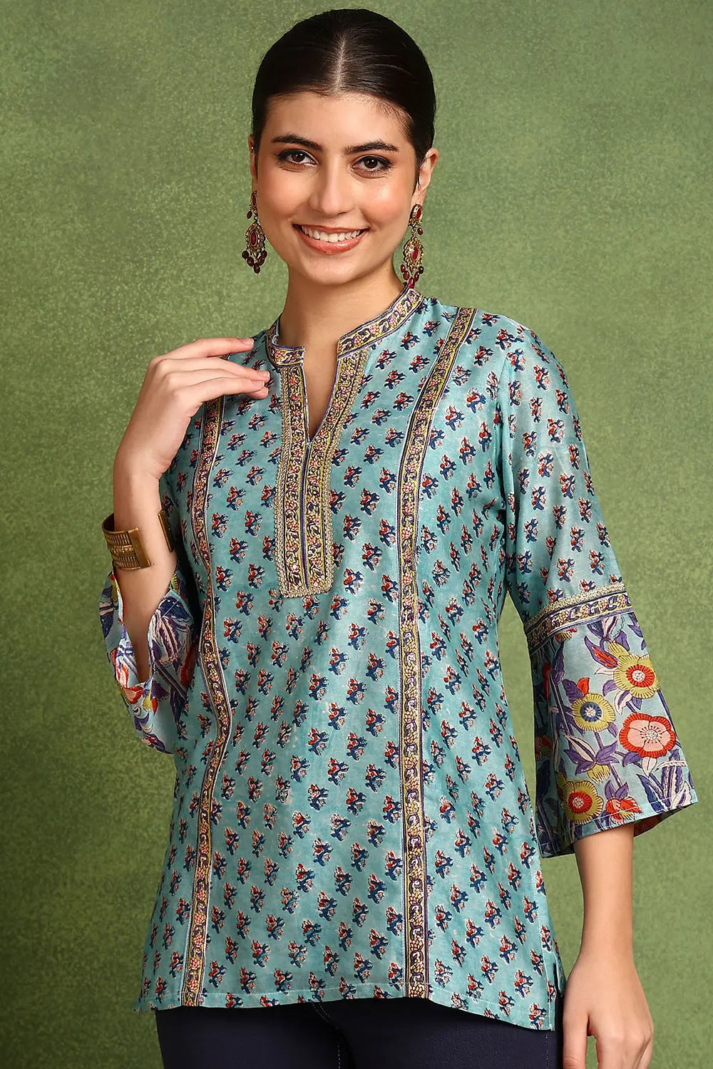 Blue Hand Block Printed Chanderi Silk Tunic