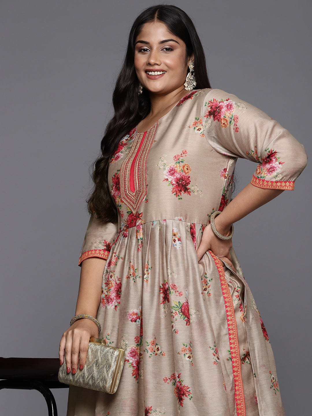 Tan Floral Printed Plus Size Kurta with Trousers