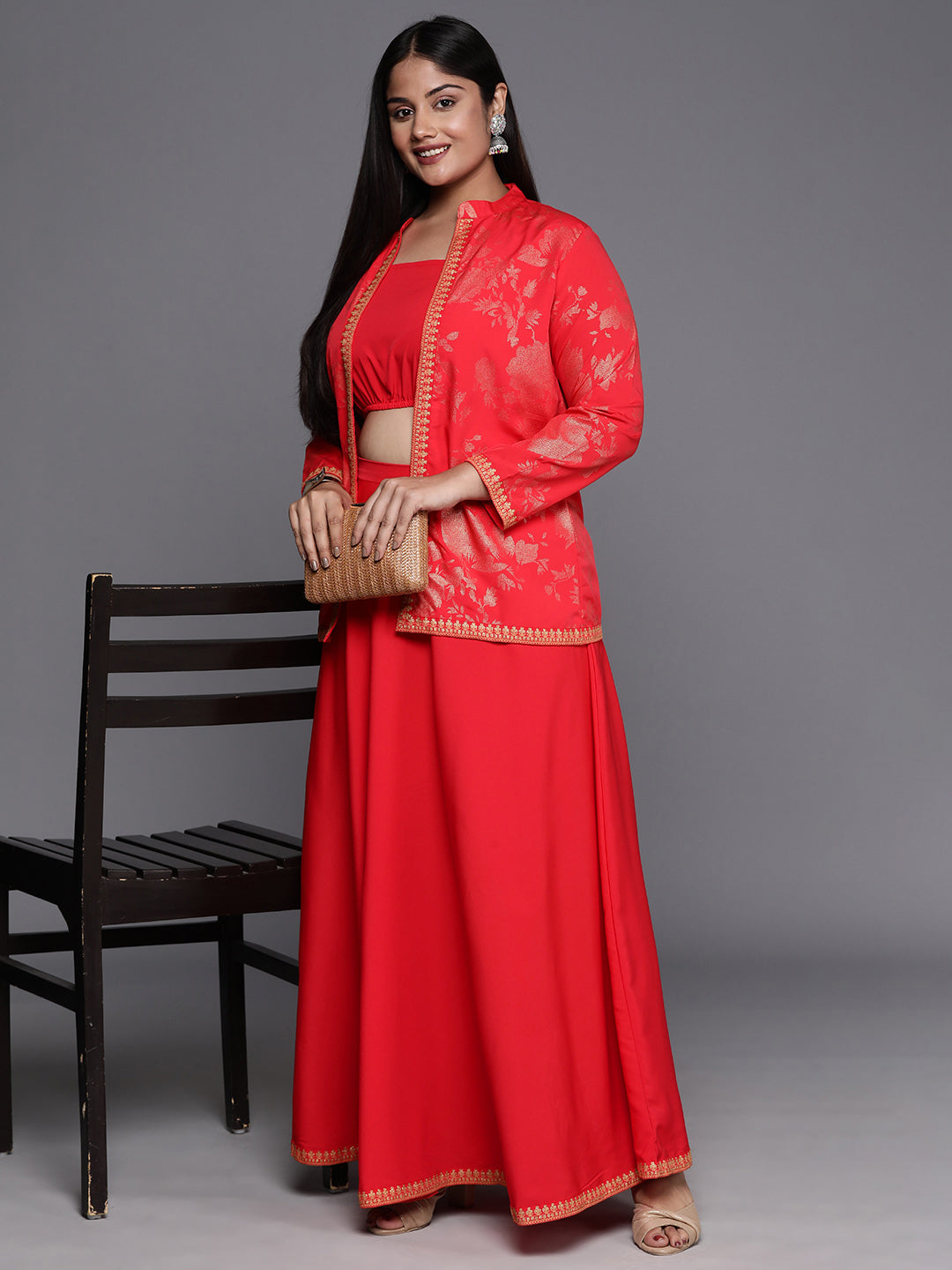 Red Plus Size Ethnic Top & Skirt with Shrug