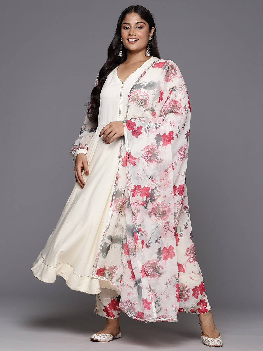 Off White Plus Size Gotta Patti Kurta with Trousers & With Printed Dupatta-AH