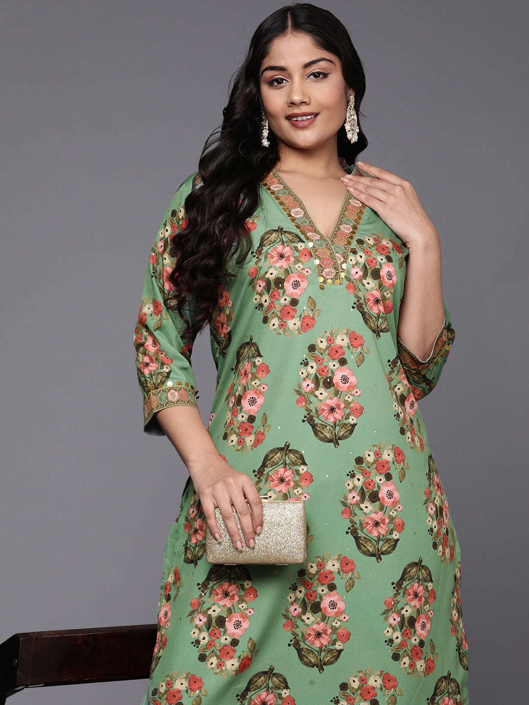 Plus Size Floral Printed Sequinned Kurta with Palazzos-AH