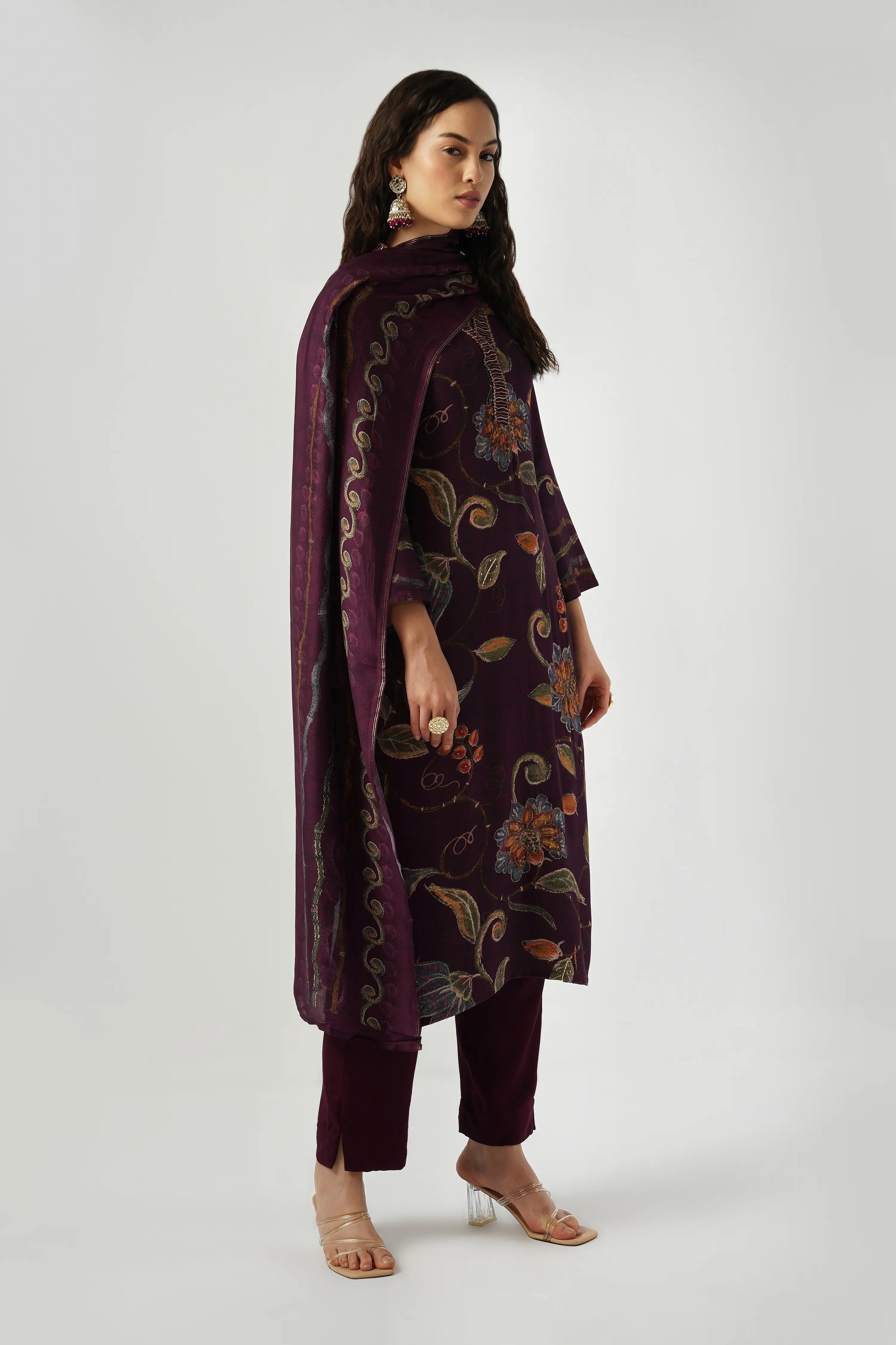 Deep Purple Pure Pashmina Wool Designer Kurta Set with Embroidery