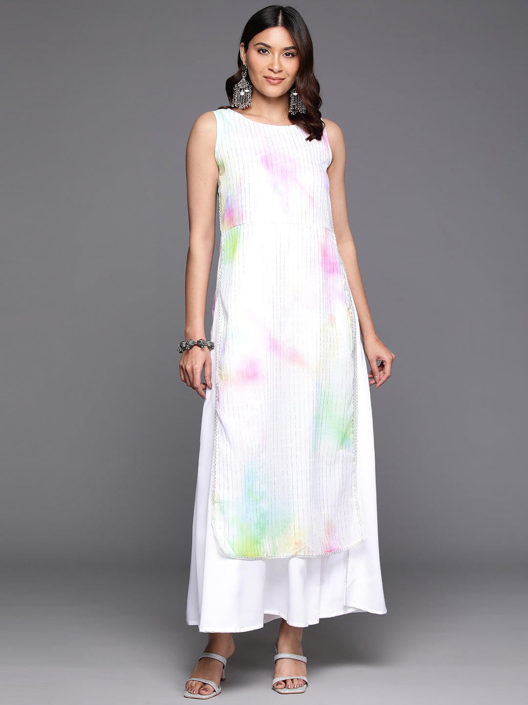 Tie and Dye Printed Boat Neck Ethnic Layered Dress
