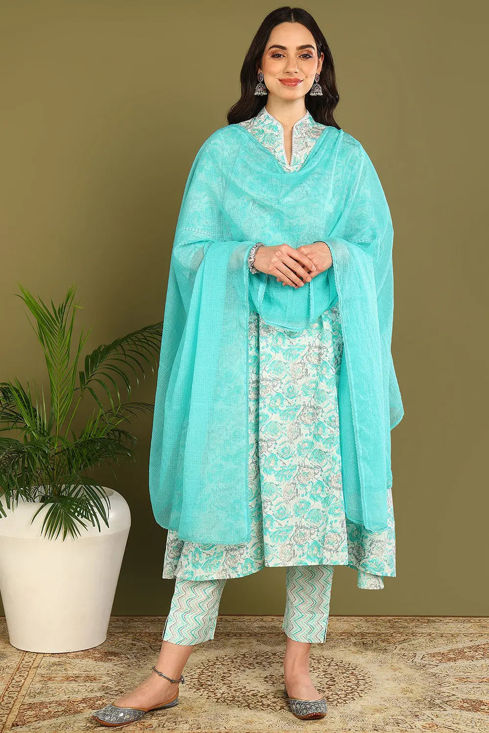 Green Printed 'A' Line Sanganeri Kurta