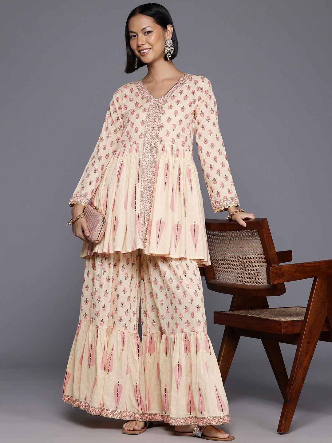 Ethnic Motifs Printed Pleated Pure Cotton Kurti with Sharara