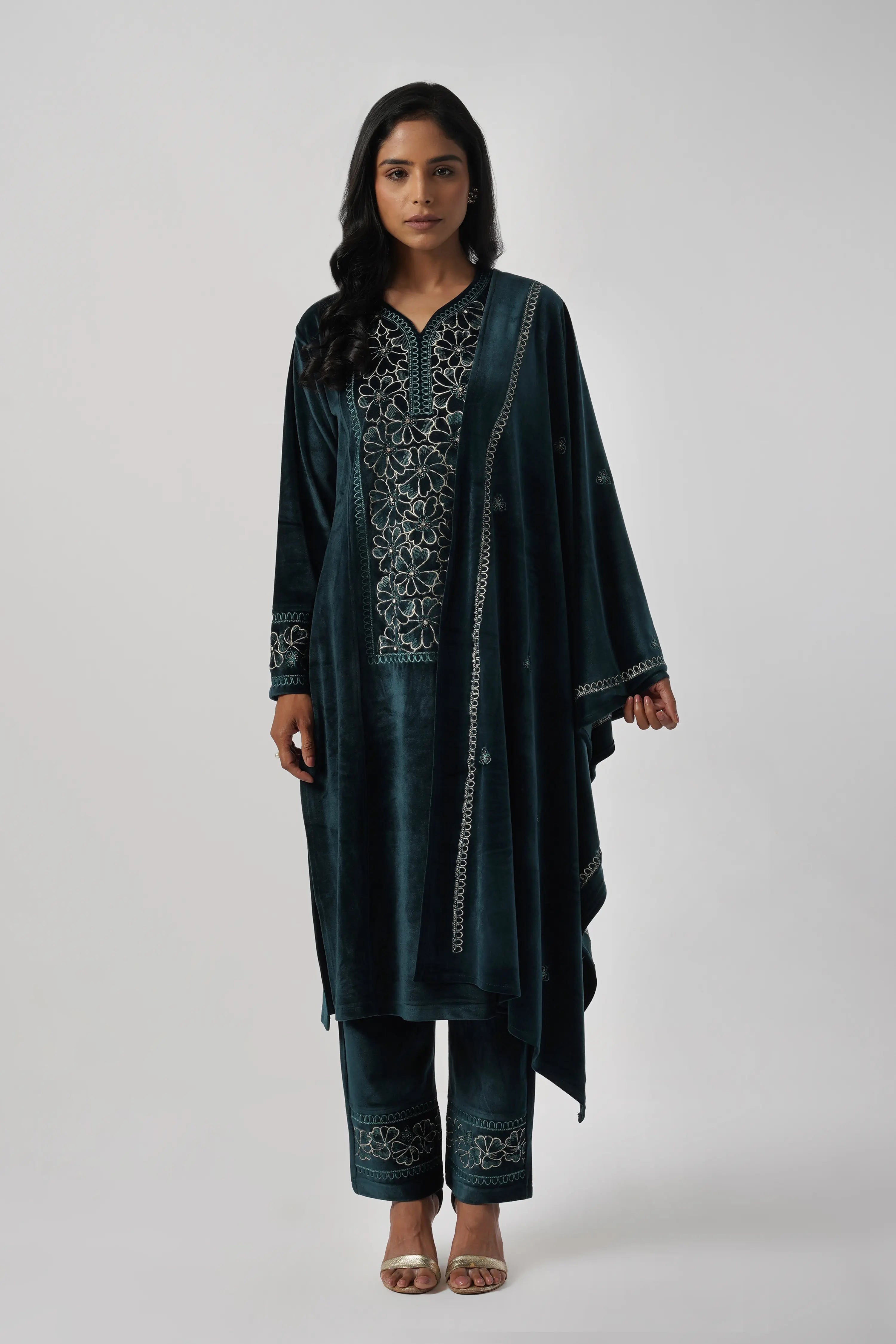 Peacock Green Flower Plush Velvet Hand Embroidered Kurta Set