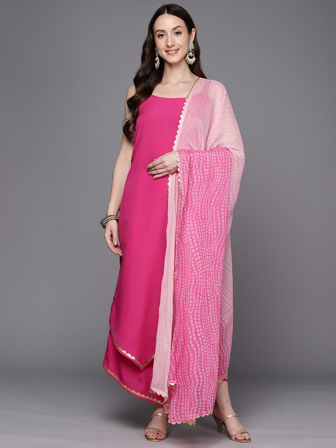 Pink Gotta Patti Kurta With Palazzos & Dupatta