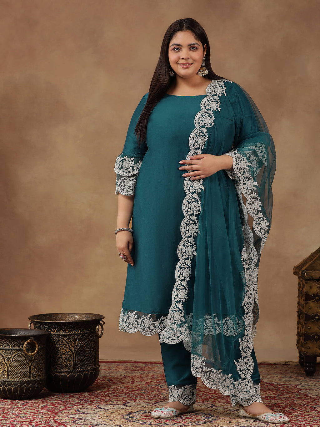 Plus Size Embroidered Thread Work Straight Kurta With Trousers & Dupatta - ID