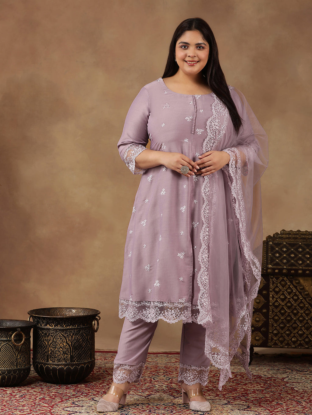 Plus Size Floral Embroidered Thread Work A-Line Kurta With Trousers & Dupatta - ID