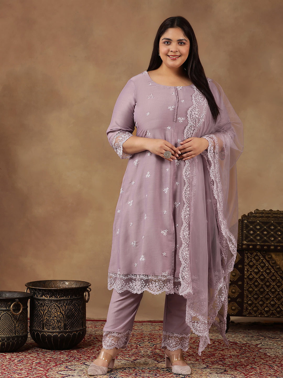 Plus Size Floral Embroidered Thread Work A-Line Kurta With Trousers & Dupatta - ID