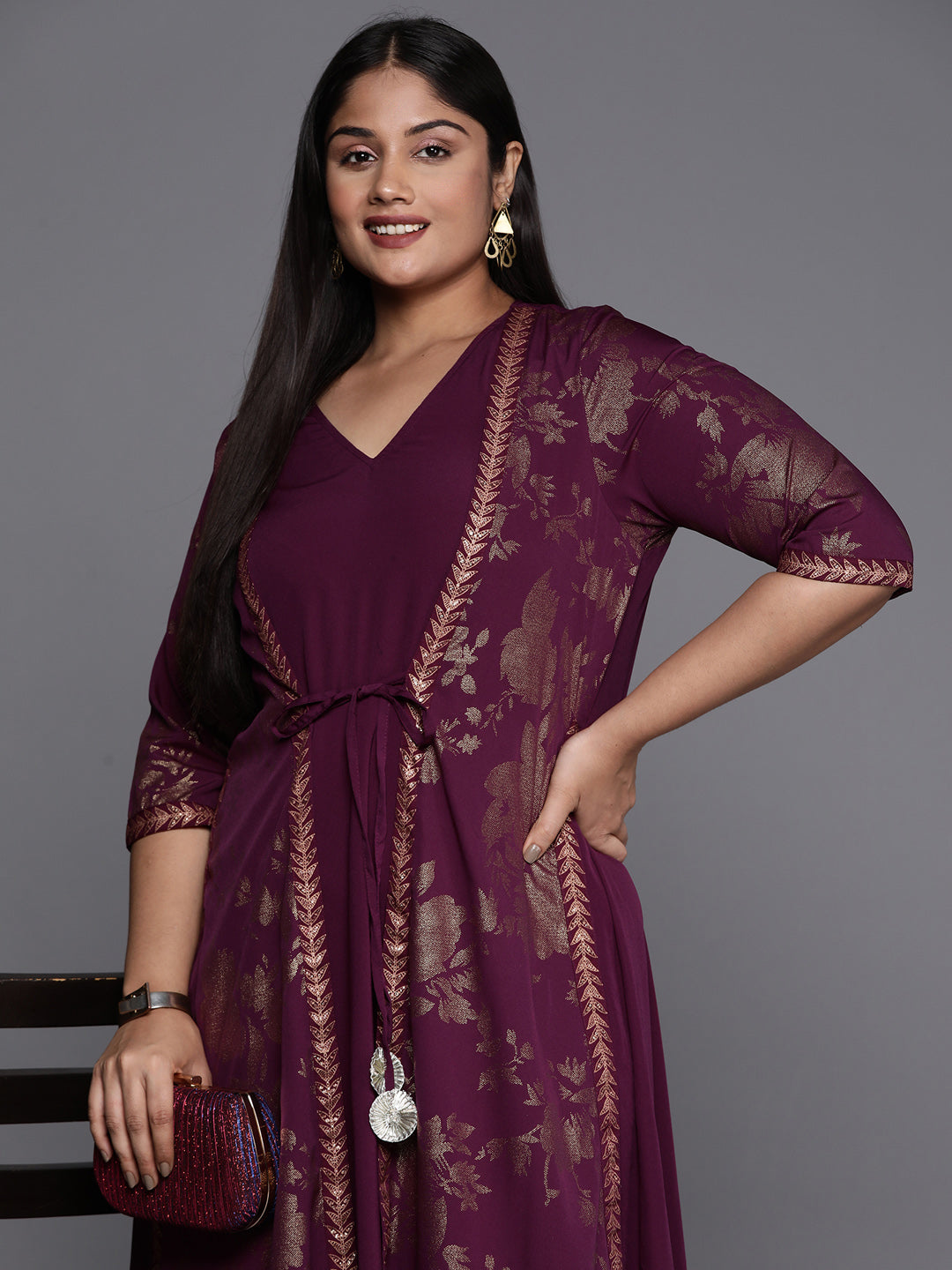 Burgundy & Gold Plus Size Floral Print A-line Maxi Ethnic Dress