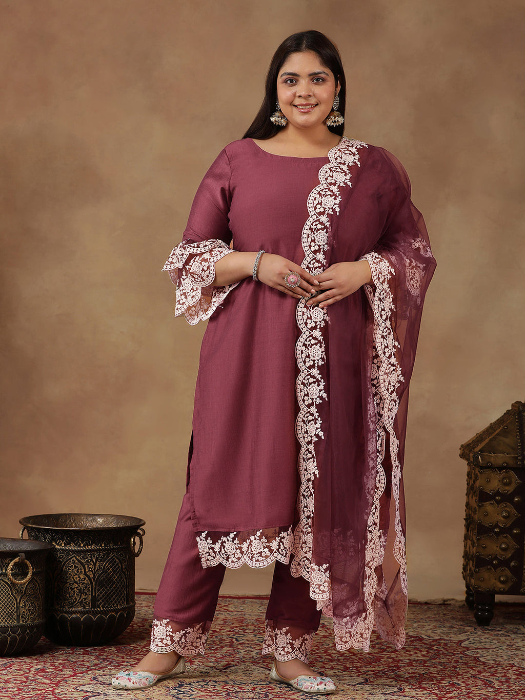 Plus Size Embroidered Thread Work Straight Kurta With Trousers & Dupatta - ID