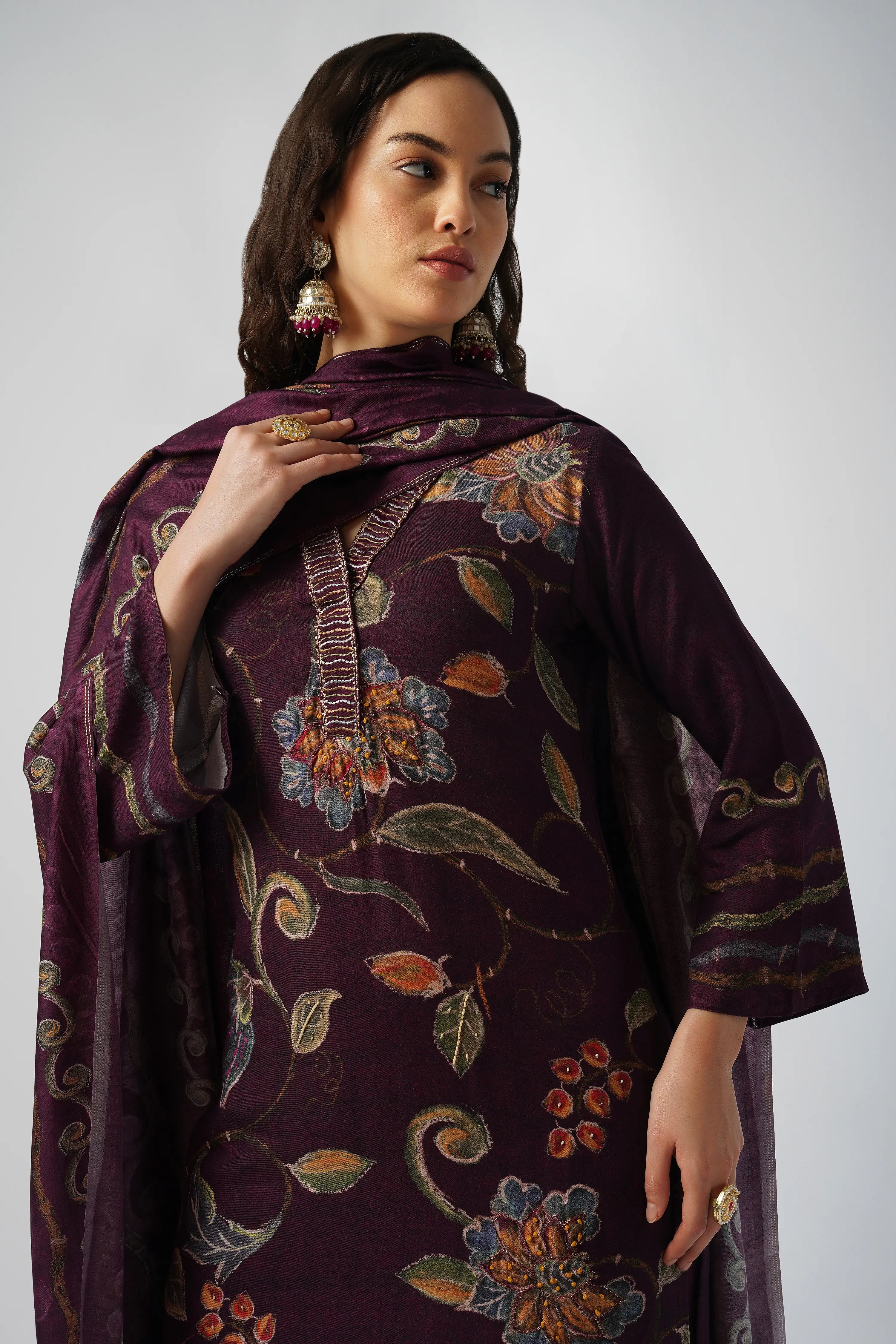 Deep Purple Pure Pashmina Wool Designer Kurta Set with Embroidery