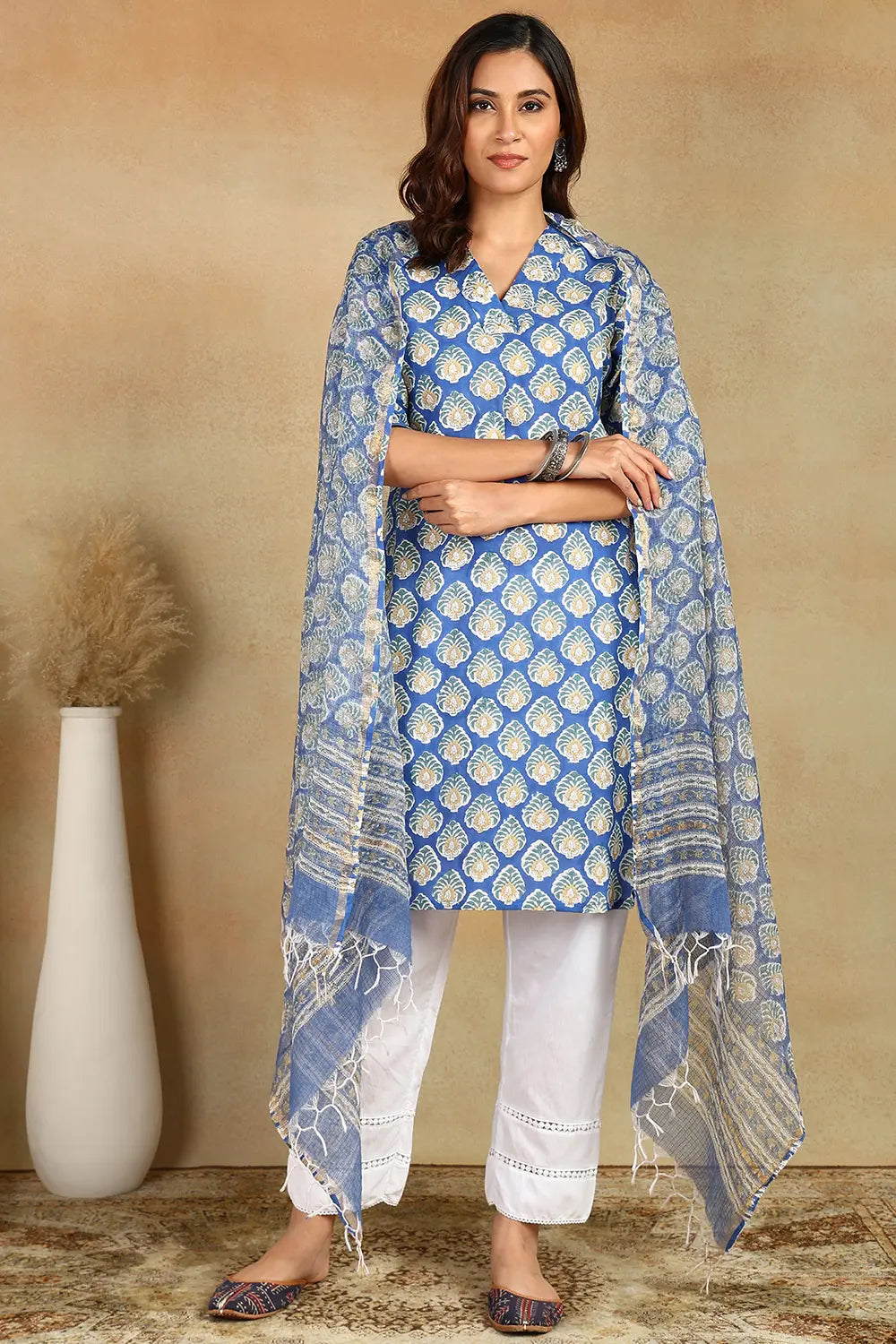 Blue/Yellow Kota Doria Dupatta