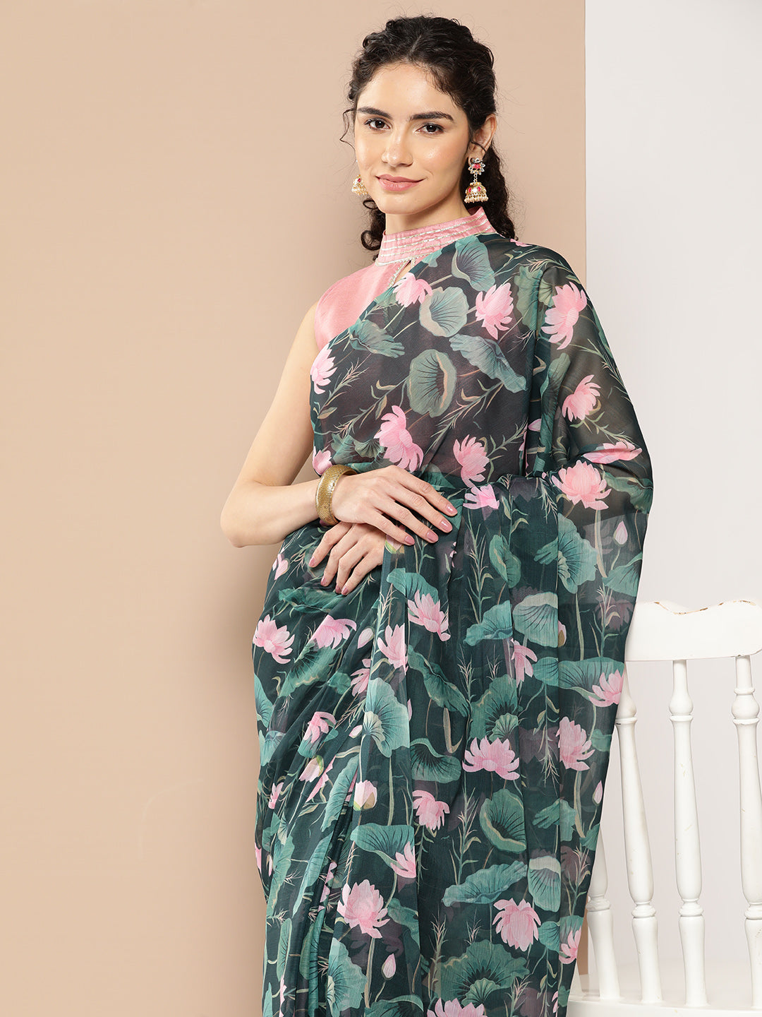 Teal & Pink Floral Print Poly Chiffon Saree