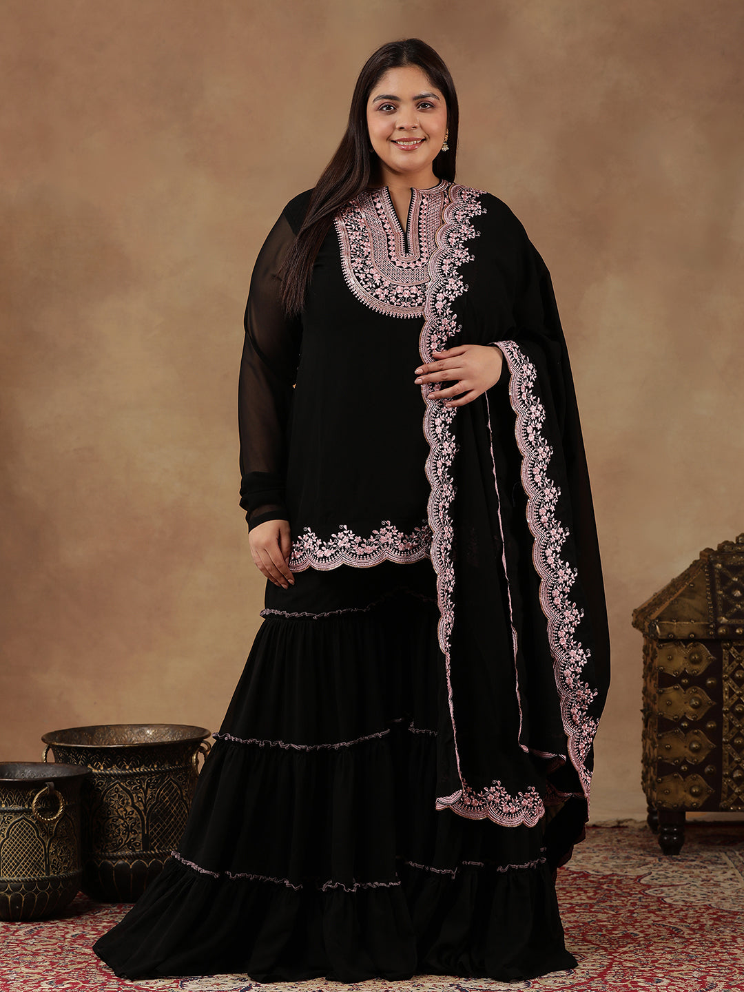 Plus Size Floral Embroidered Thread Work Kurta With Sharara & Dupatta - ID