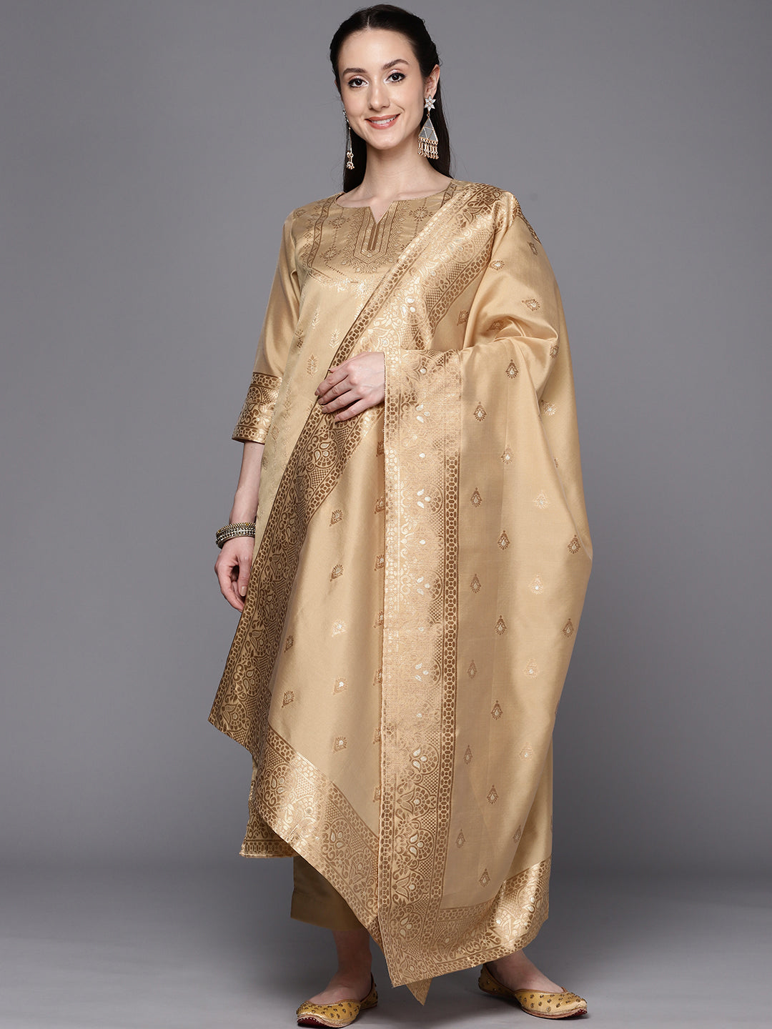 Tan & Gold Woven Design Ethnic Motifs Unstitched Dress Material