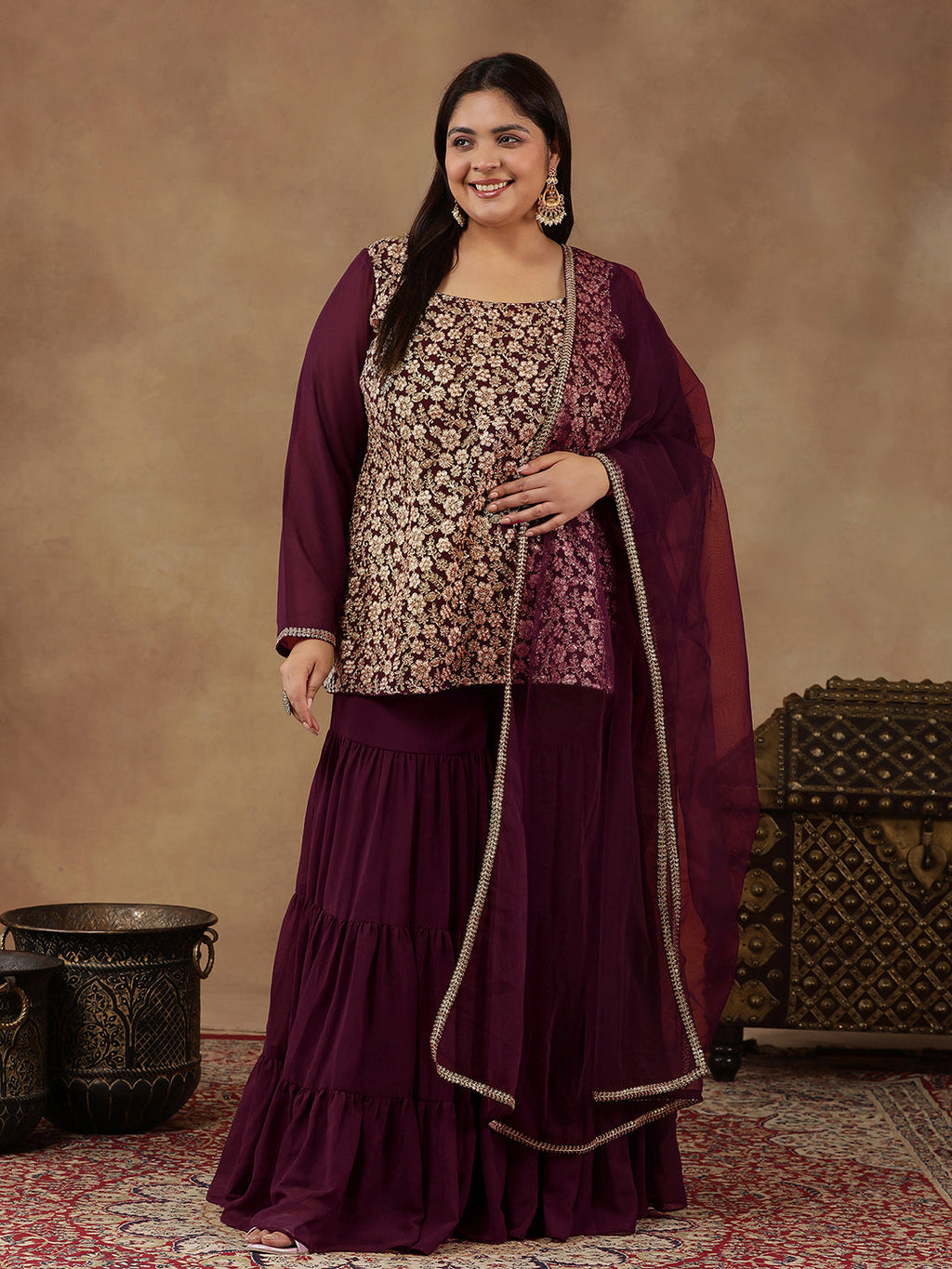 Floral Embroidered Regular Sequinned Straight Kurti with Sharara & Dupatta - ID