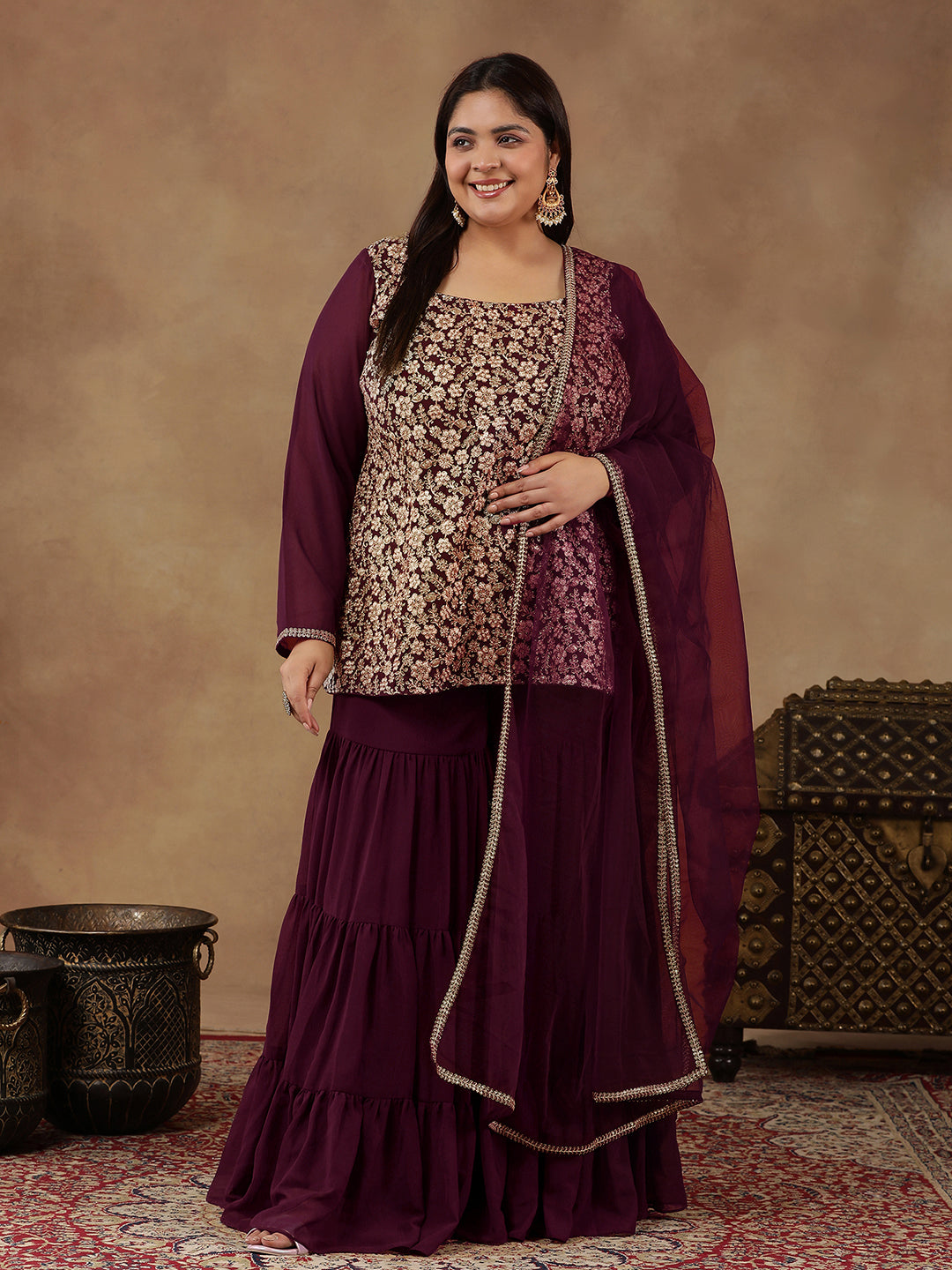 Floral Embroidered Regular Sequinned Straight Kurti with Sharara & Dupatta - ID