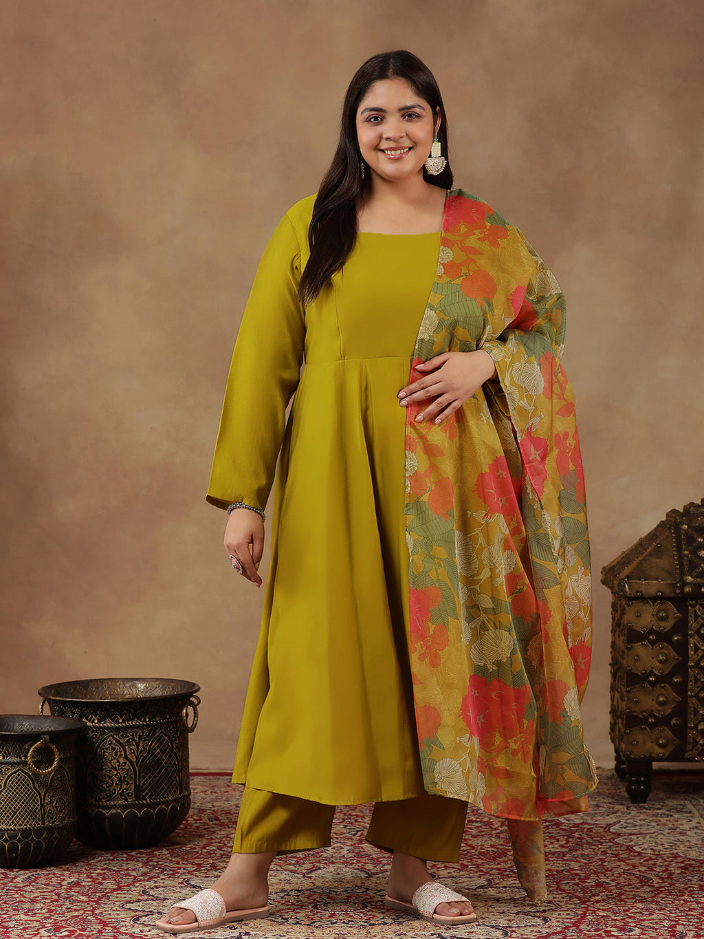 Round Neck Empire Anarkali Kurta With Trousers & Dupatta - ID