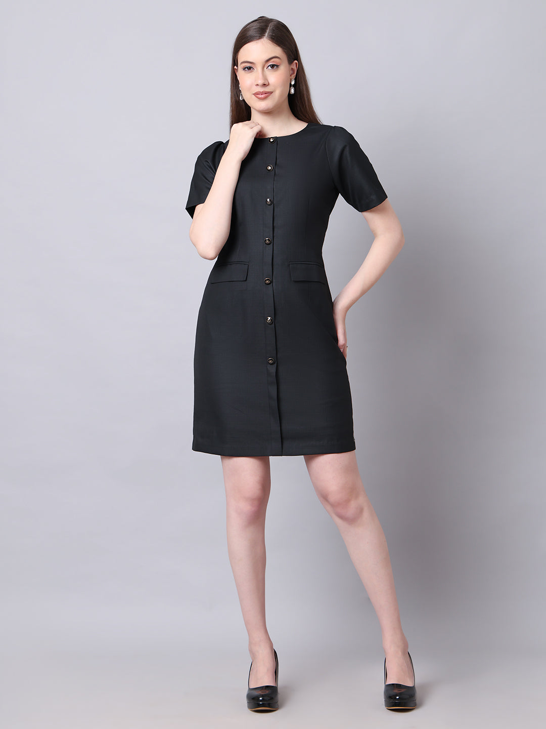 Exude Chic Revolution Suiting Fabric Front Button Shift Dress