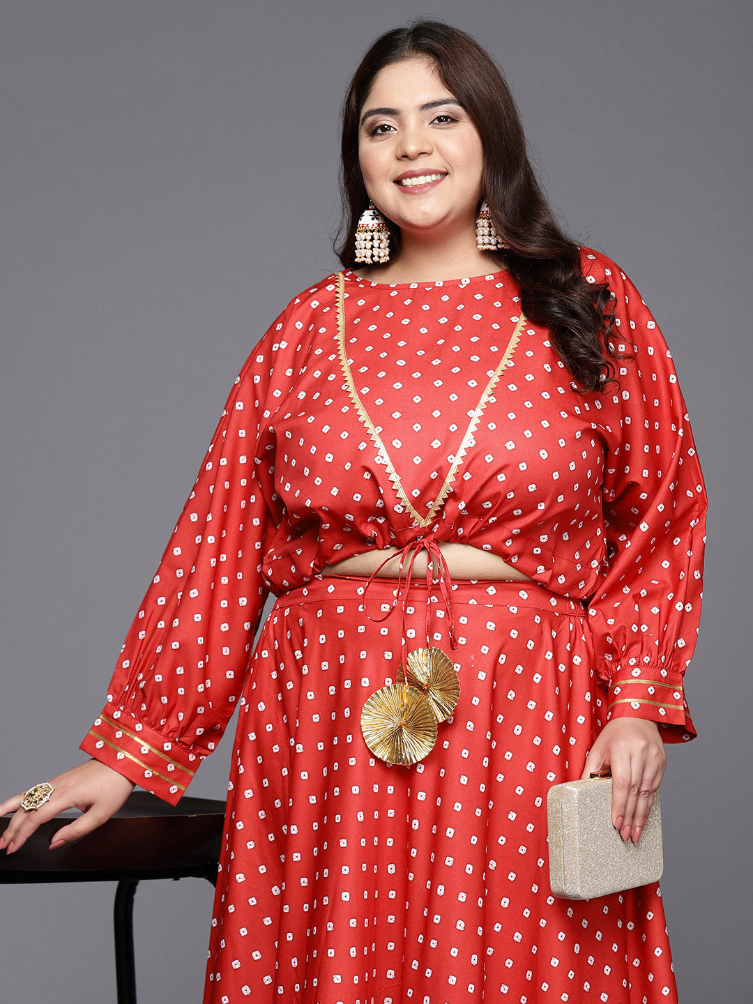 Red Printed Plus Size Top with Skirt