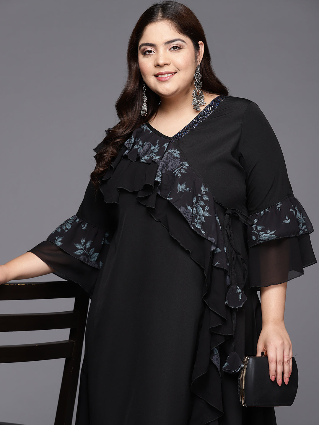 Black Floral Printed Plus Size Kurta