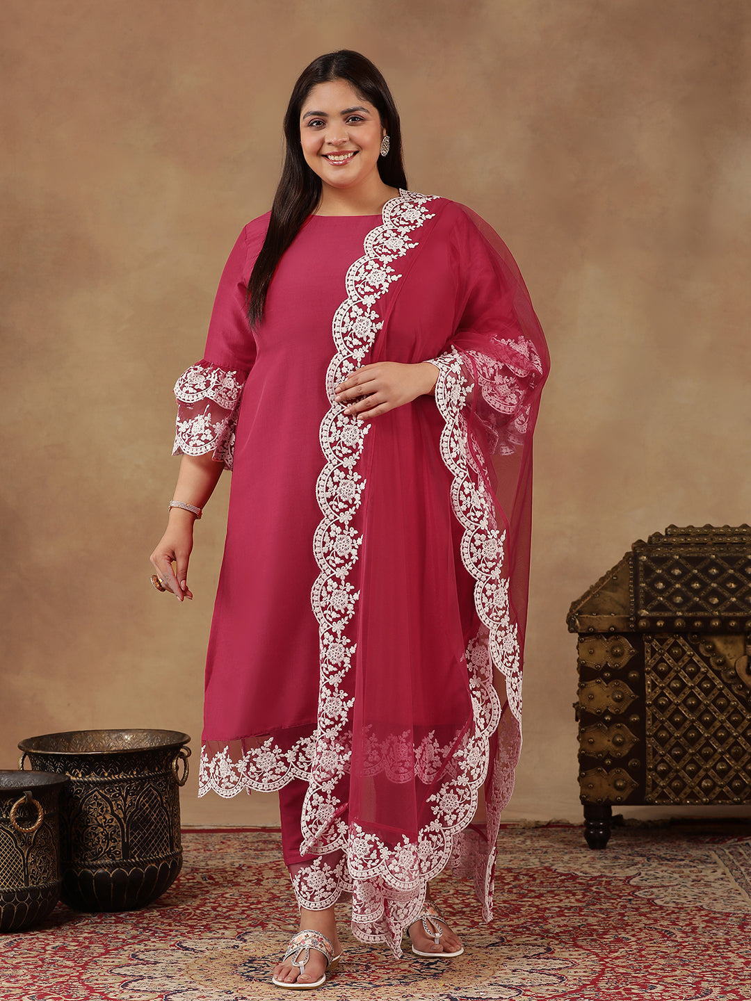 Plus Size Embroidered Thread Work Straight Kurta With Trousers & Dupatta - ID