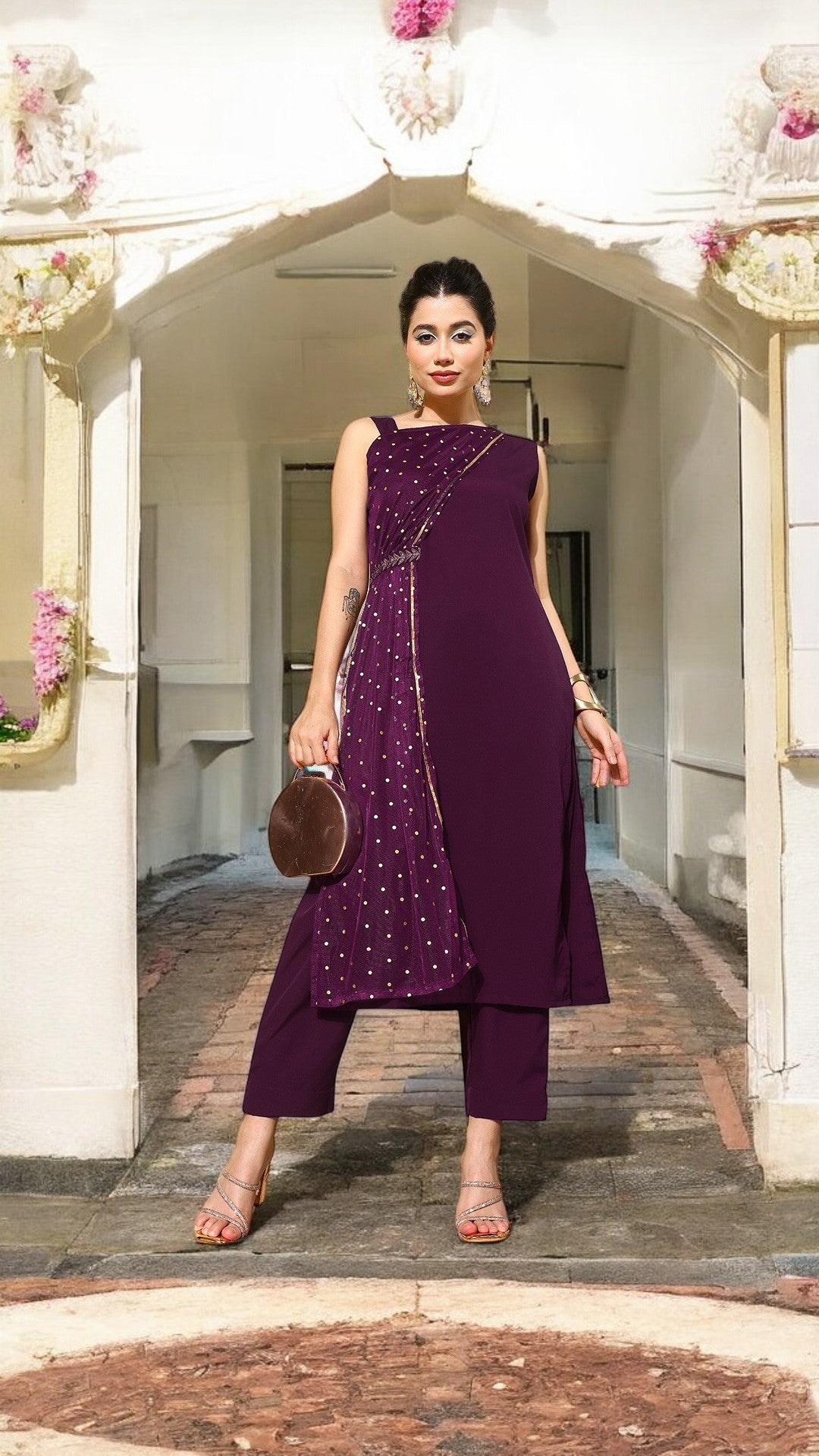 Burgundy Polka Dots Printed Gotta Patti Kurta with Trousers