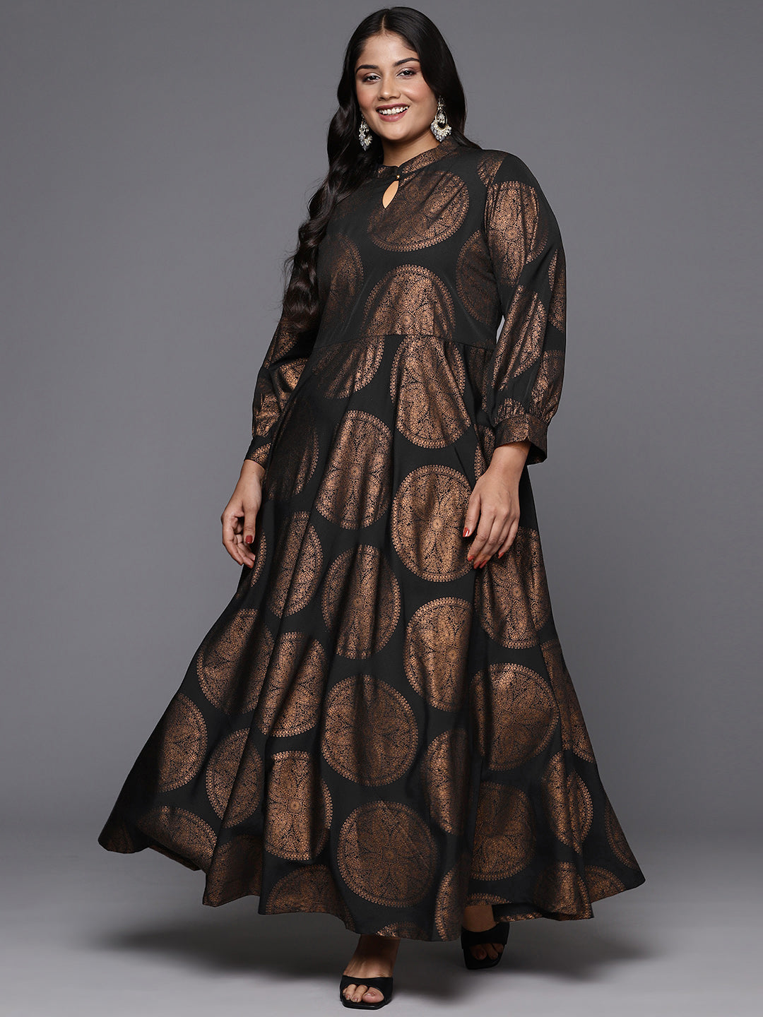 Black & Copper Printed Plus Size A-line Maxi Dress