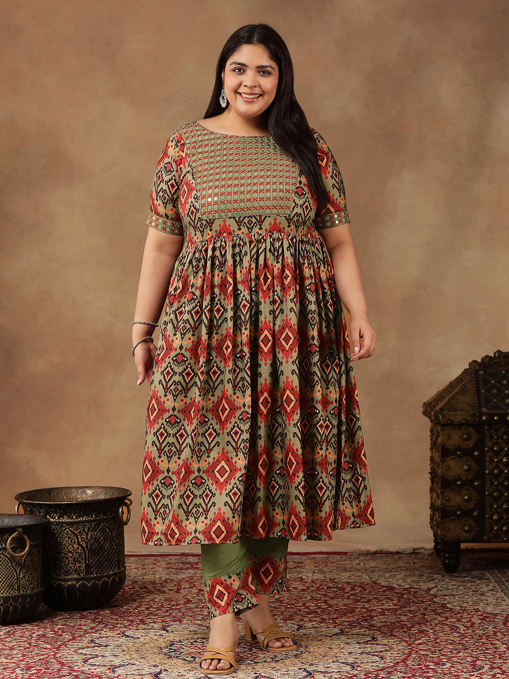 Women Ethnic Motifs Printed Pleated Sequinned Kurta with Trousers - ID